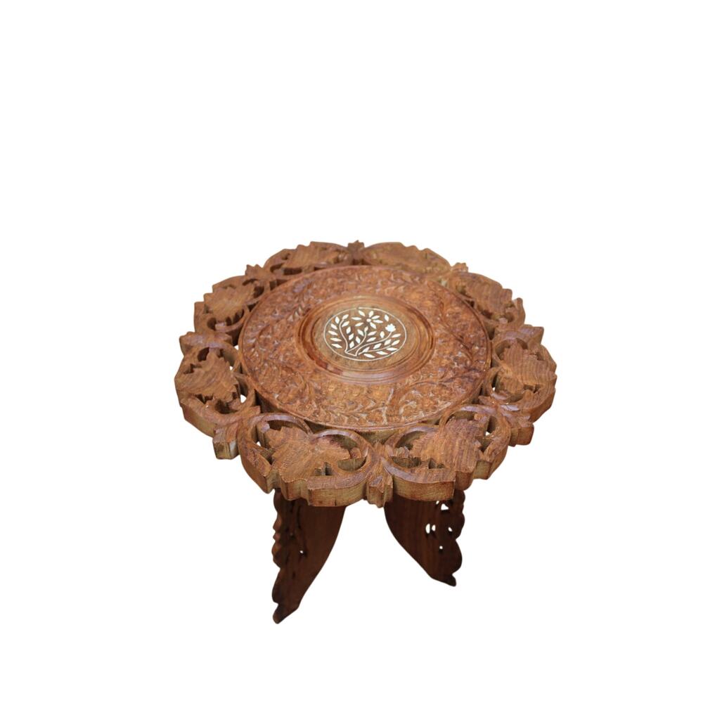 Vtg Wooden Handcarved Inlaid 15" Round Folding Side Table Home Decor Furniture